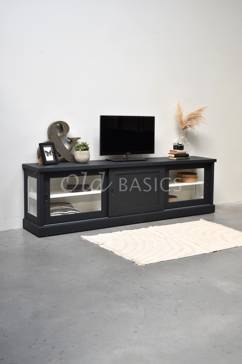 Detail van Dressoir Bordeaux, 3 deuren, RAL7021, grijs, zwart, materiaal hout